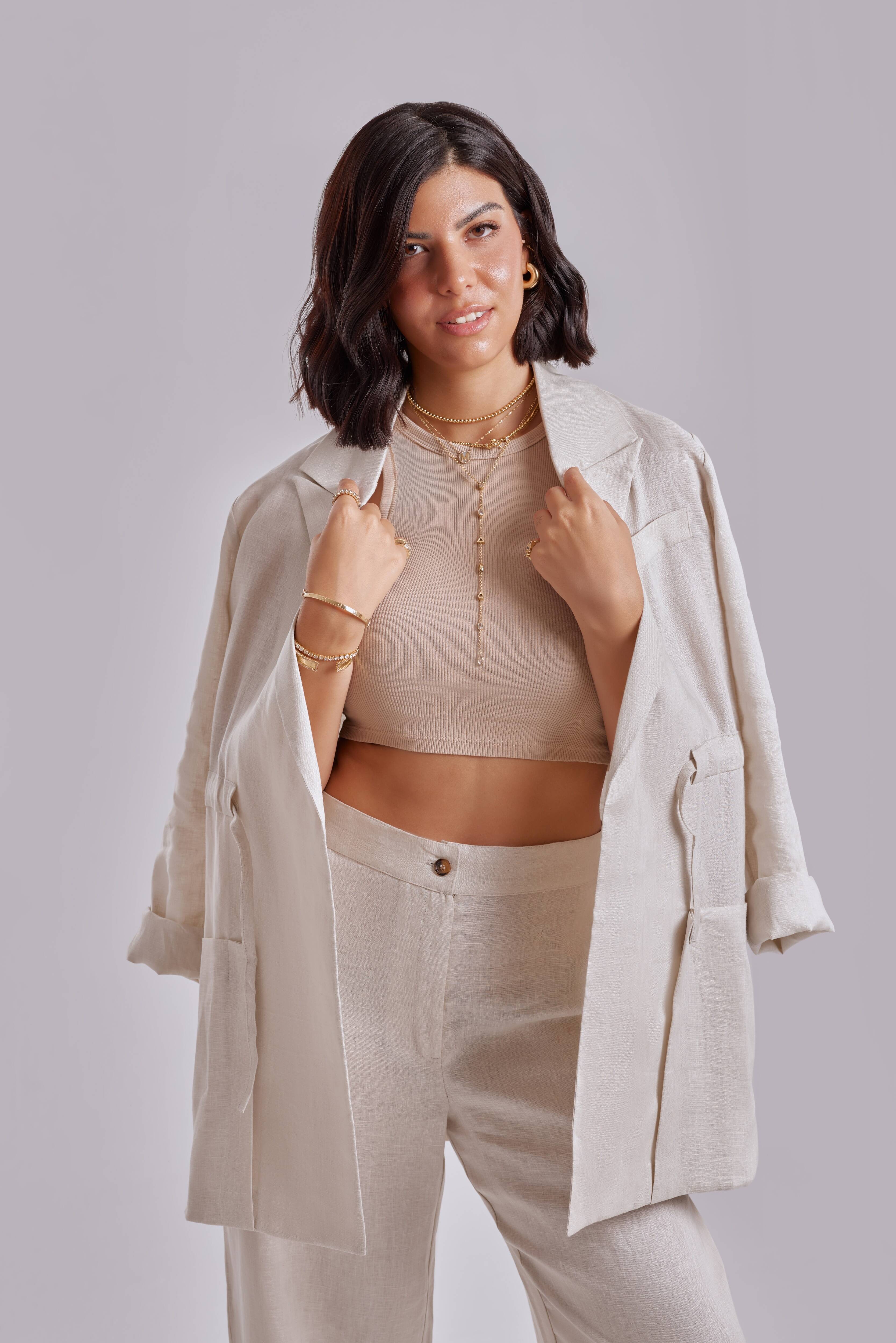 Linen Waist-Tie set (Beige)